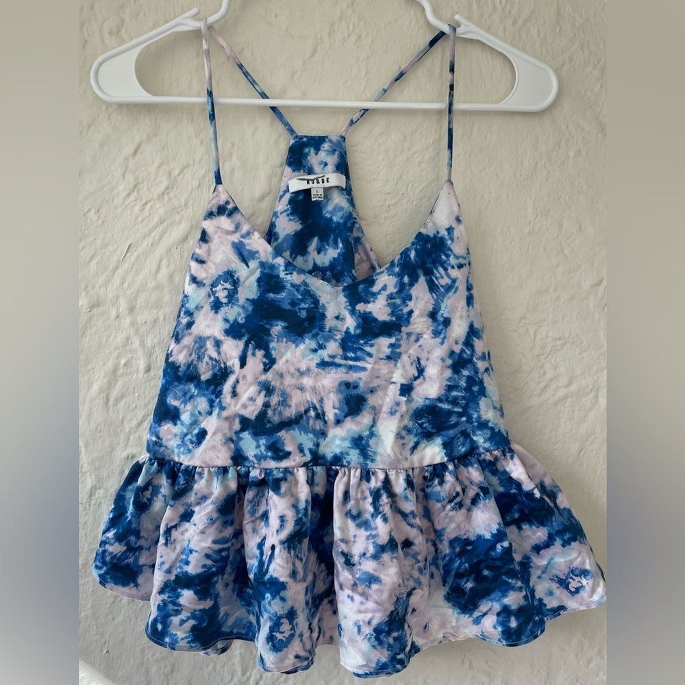 Ro & De Tie Dye Purple, Blue Racerback Style Peplum Tank, Side Zip; size S